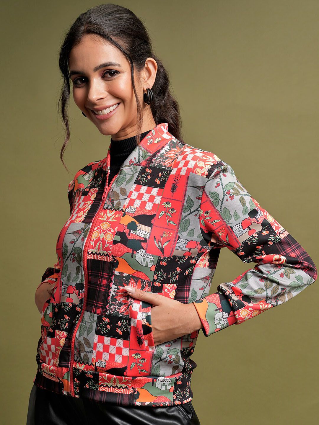 Tokyo Talkies Red Floral Printed Stand Collar Bomber Jacket With Zip Detail