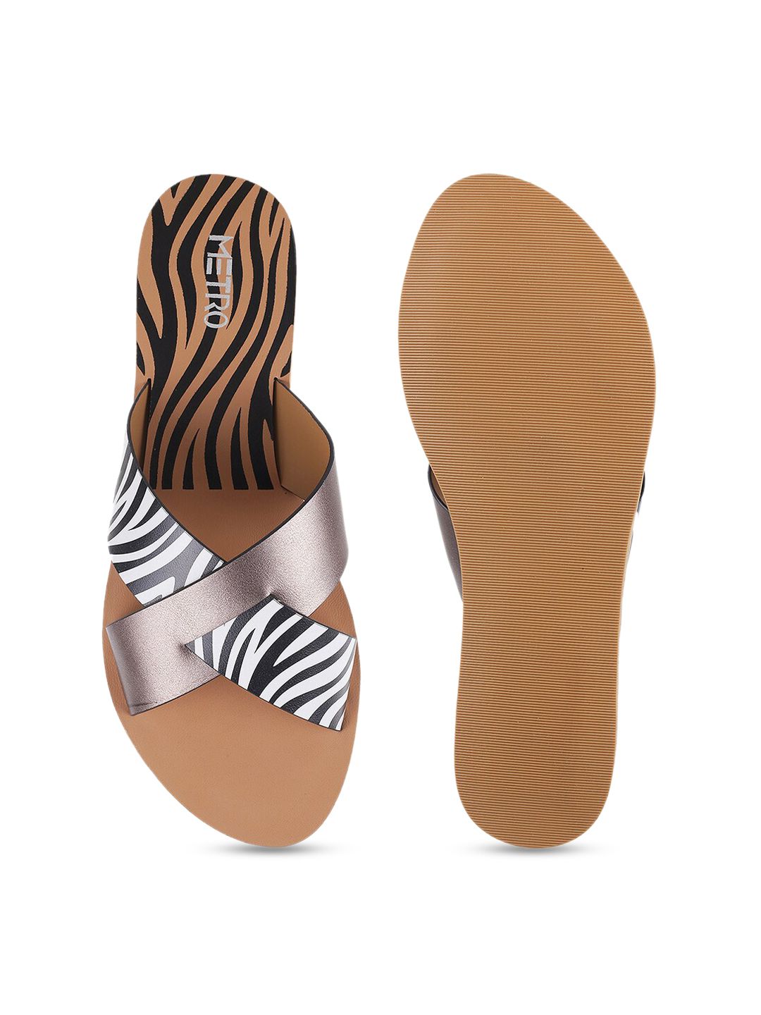 Metro Women Grey Striped Open Toe Flats with Laser Cuts