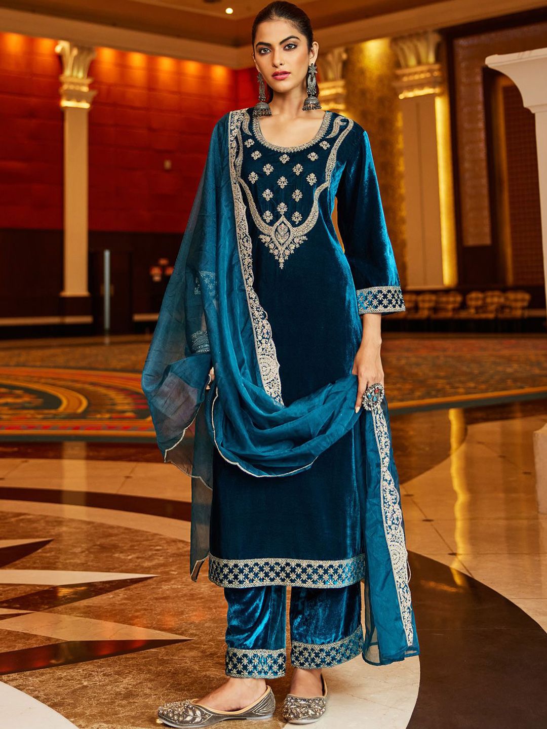 Indo Era Women Ethnic Motifs Embroidered Regular Velvet Kurta with Trousers & With Dupatta