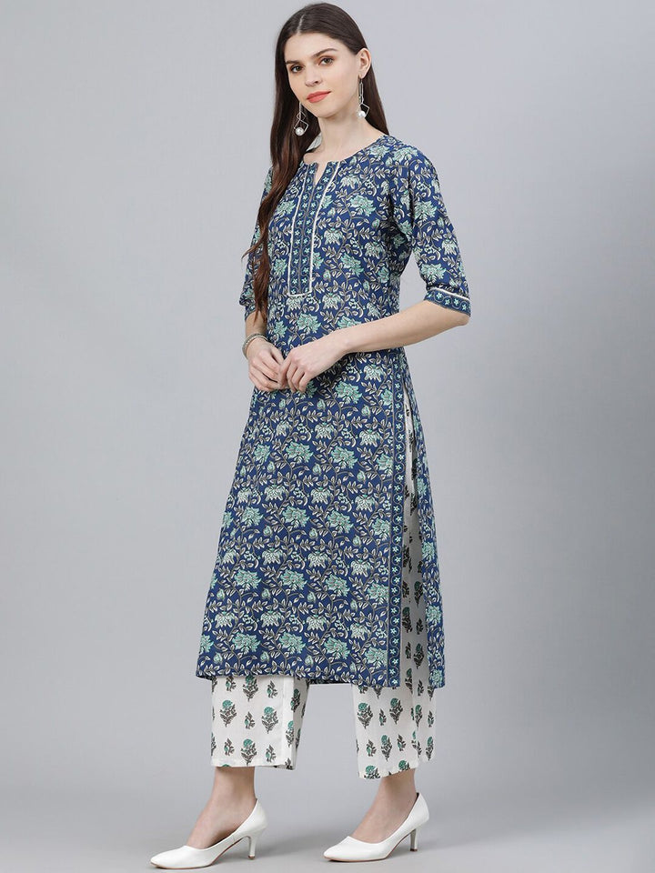Libas Women Blue Printed Kurta with Palazzos & Dupatta