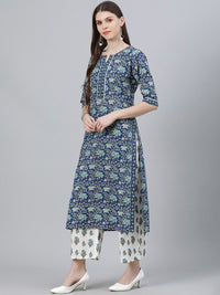 Libas Women Blue Printed Kurta with Palazzos & Dupatta