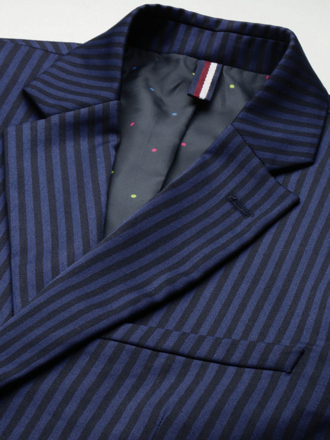Park Avenue Men Navy Blue & Black Striped Super Slim Fit Single-Breasted Formal Blazer
