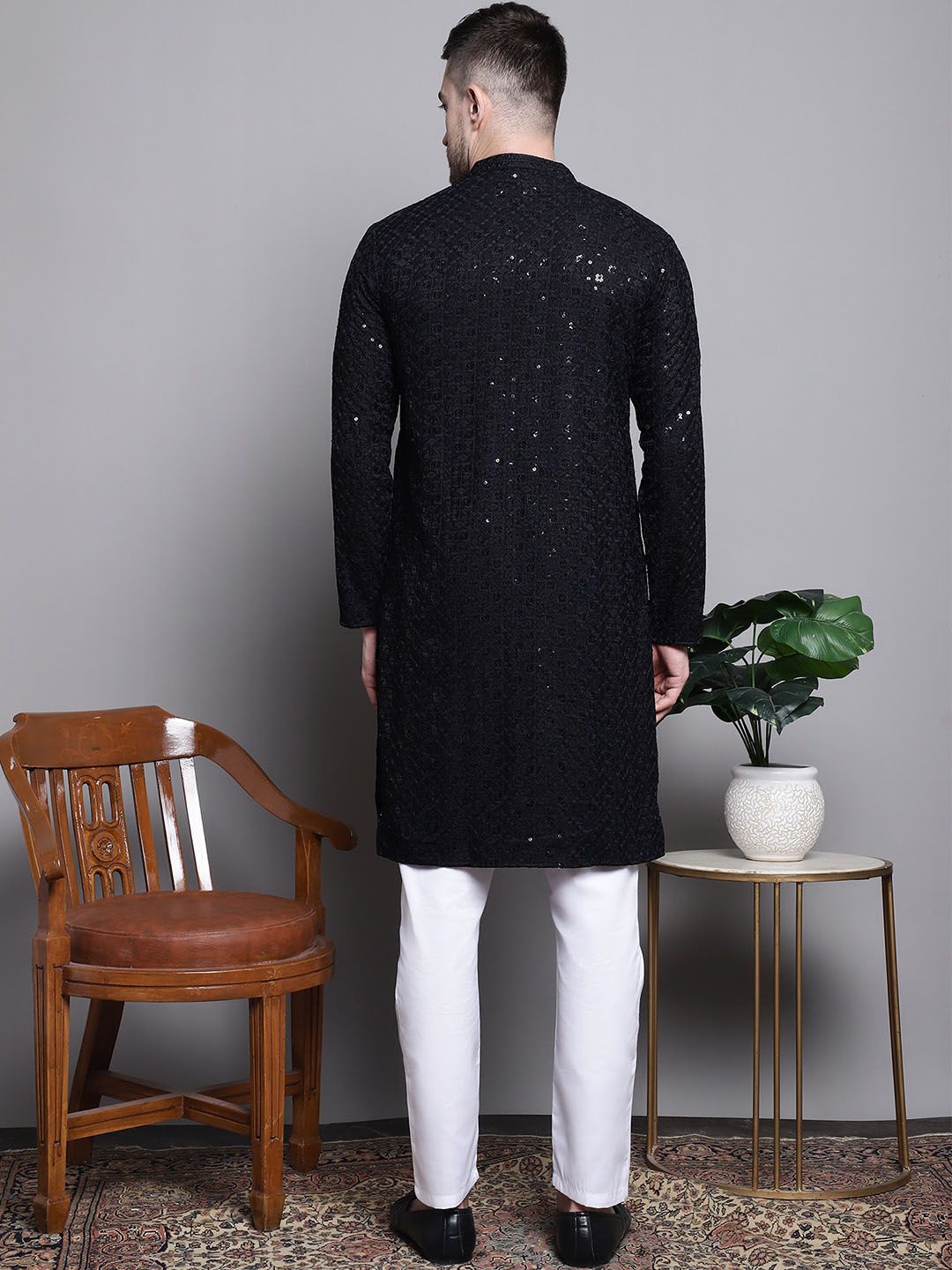 Jompers Geometric Self Design Sequinned Pure Cotton Kurta With Pyjamas