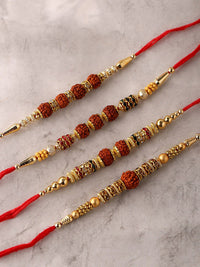 Voylla 4 Pcs Unisex Religious Rudraksha Rakhi Squad with Roli Chaawal Pack