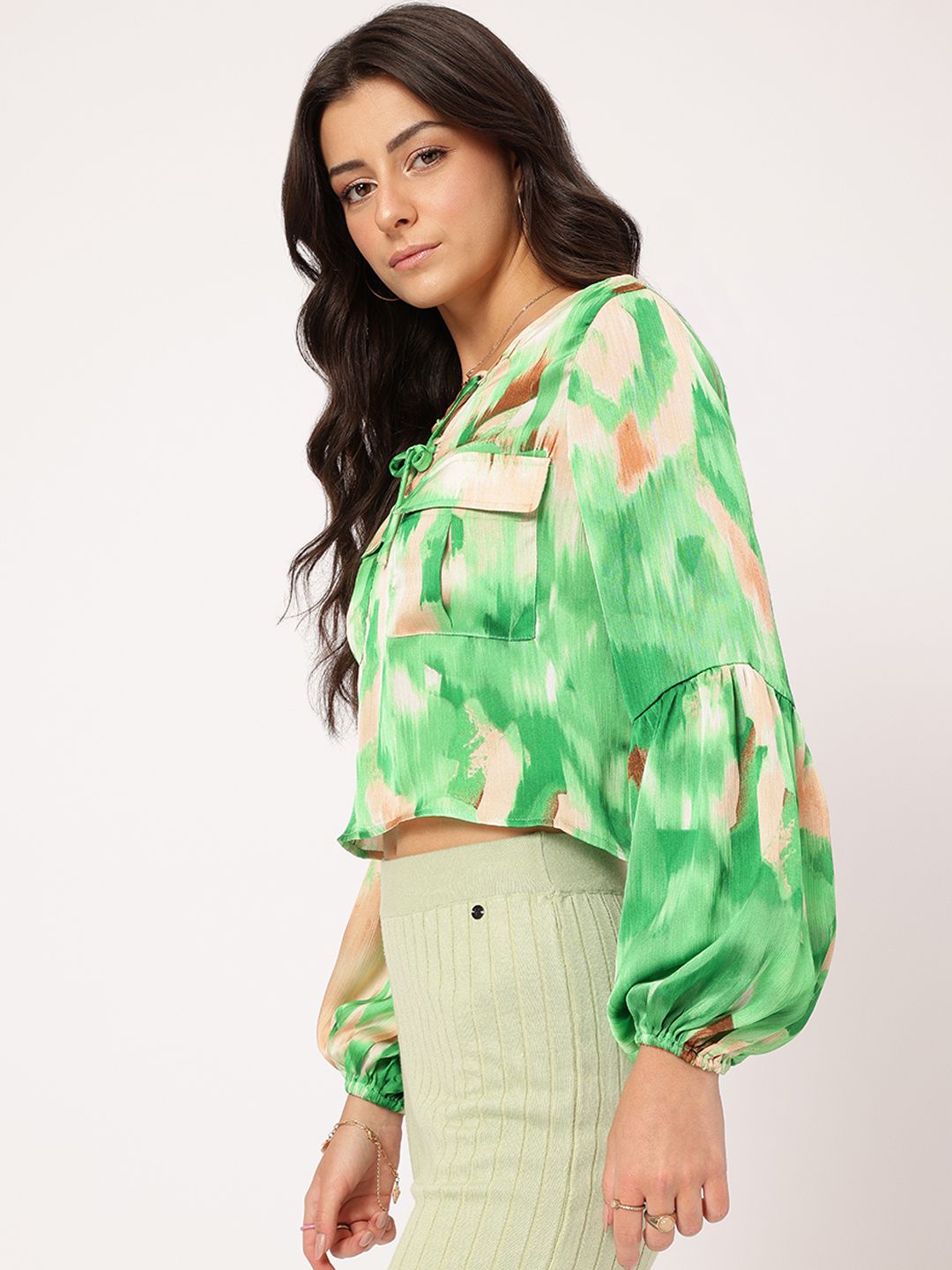 DressBerry Modern Muse Printed Lace-Up Flap Pocketed Satin Top