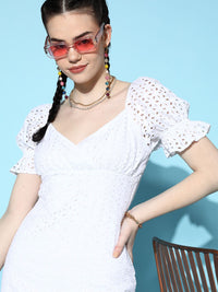 Berrylush Women  White Self-Design Craftcore Dress