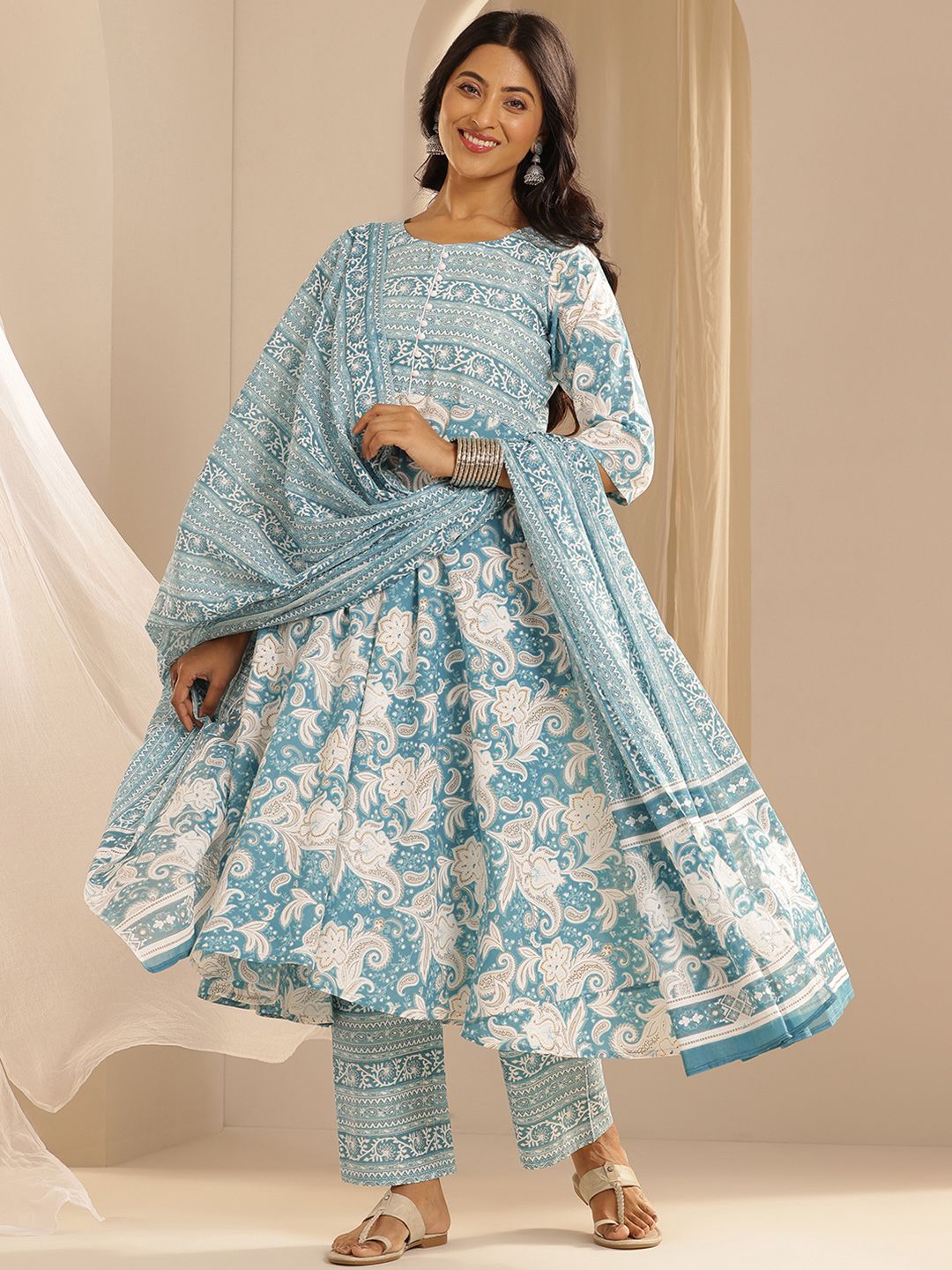 Libas Floral Printed Pure Cotton Anarkali Kurta with Trousers & Dupatta