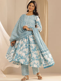 Libas Floral Printed Pure Cotton Anarkali Kurta with Trousers & Dupatta