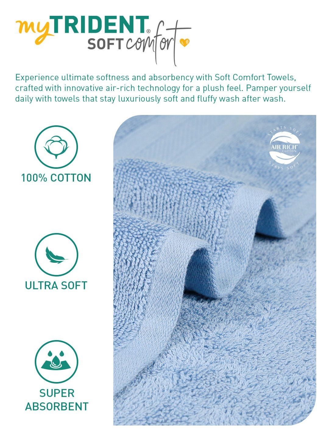 MYTRIDENT Soft Comfort Turquoise Blue 3 Pieces Pure Cotton 500 GSM Towel Set