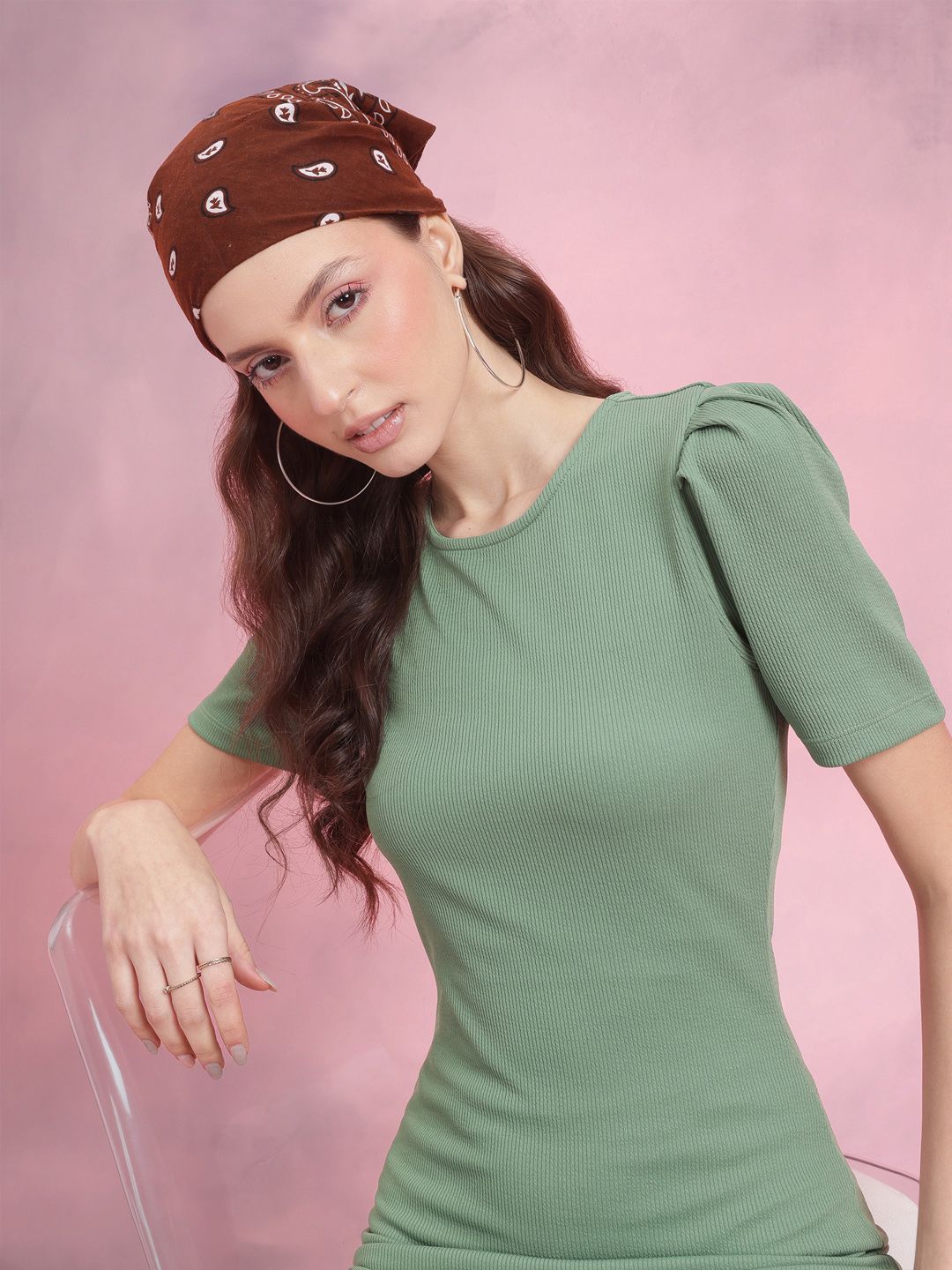 DressBerry Puff Sleeves Ribbed Bodycon Midi Dress