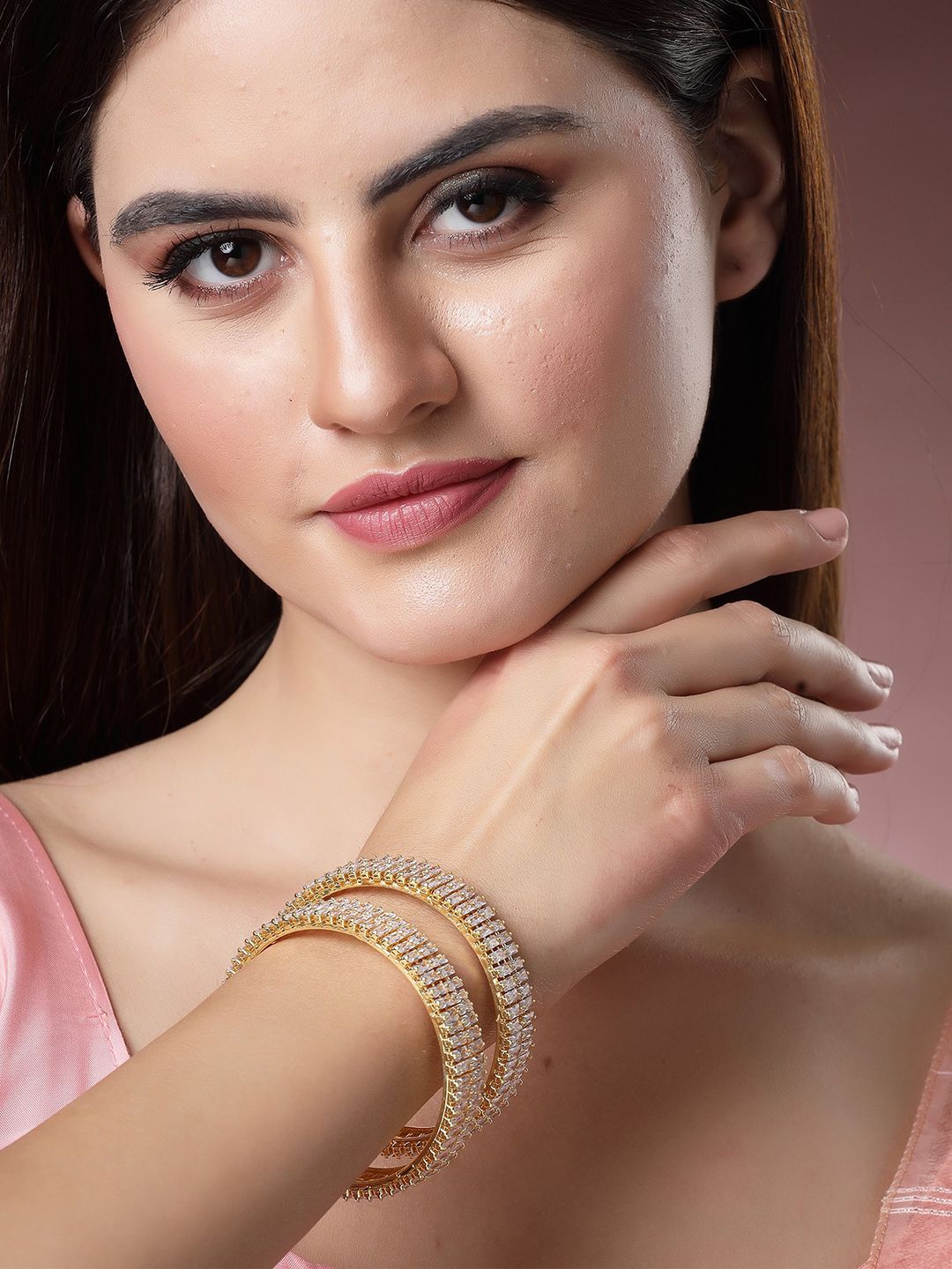 KARATCART Set Of 2 Gold Plated & AD Studded Bangle