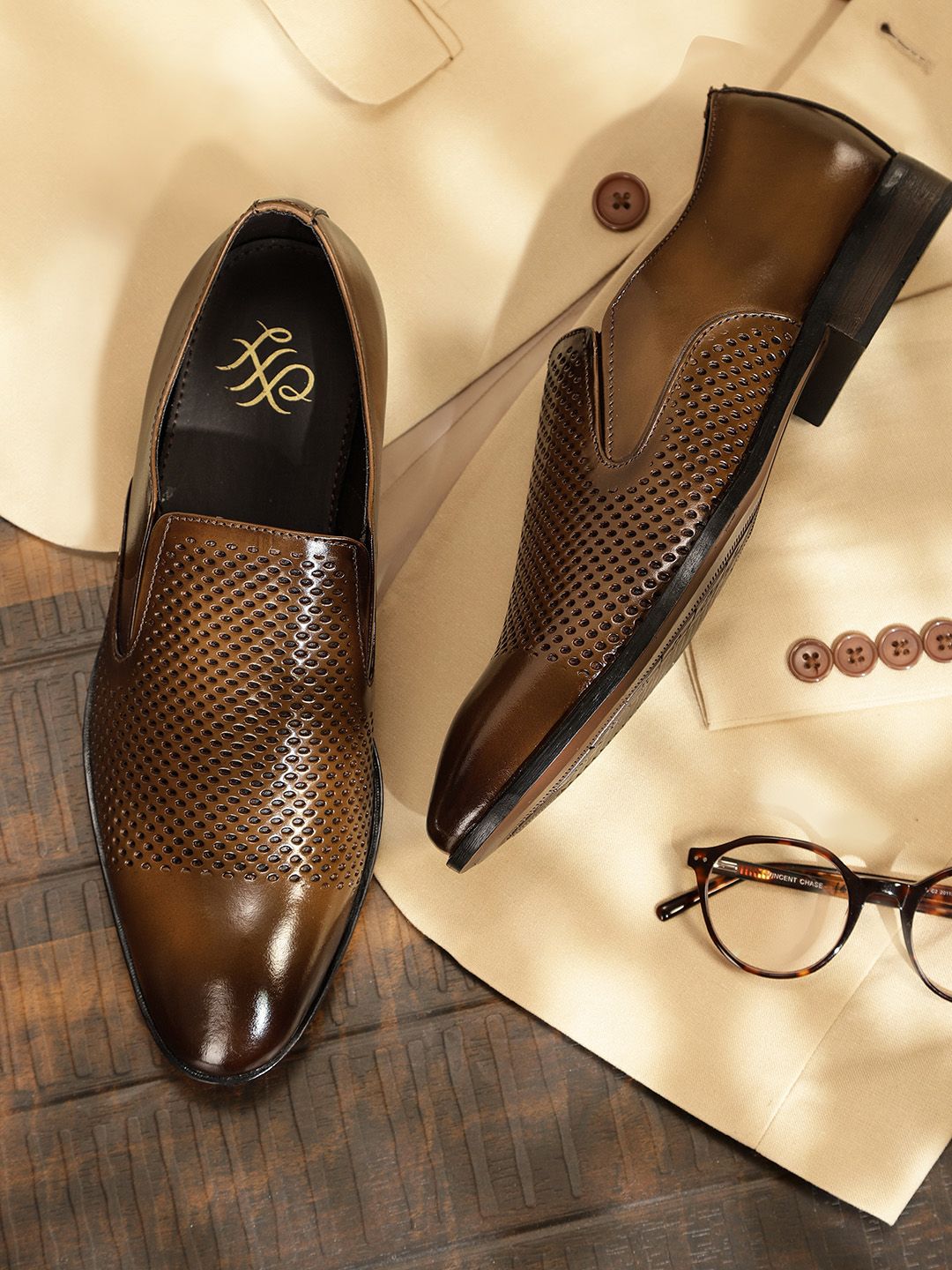 House of Pataudi Men Perforated Formal Slip-On Shoes