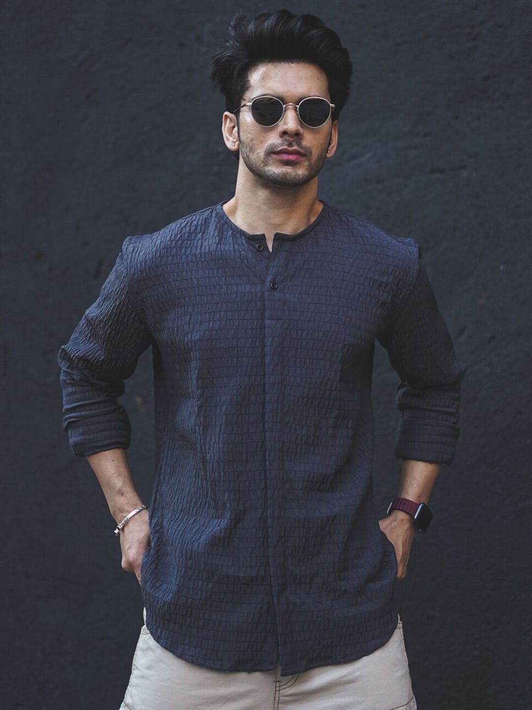 Powerlook Men Premium Textured Mandarin Collar Casual Shirt