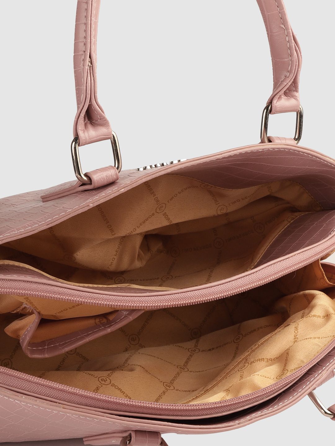 Lino Perros Peach-Coloured Croc Textured Structured Handheld Bag & Detachable Sling Strap