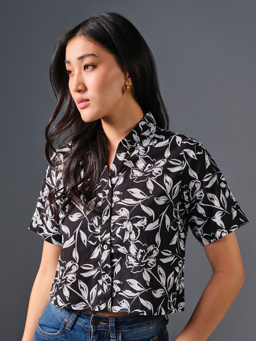 AND Floral Print Cotton Shirt Style Top