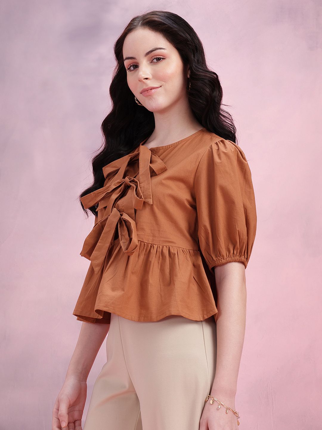 DressBerry Tie-Up Neck Puff Sleeve Cotton Top