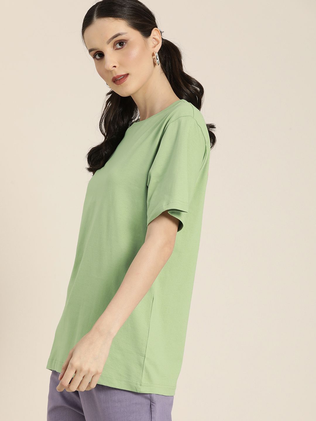 DILLINGER Women Green & Pink Back Typography Print Cotton Oversized Longline T-shirt