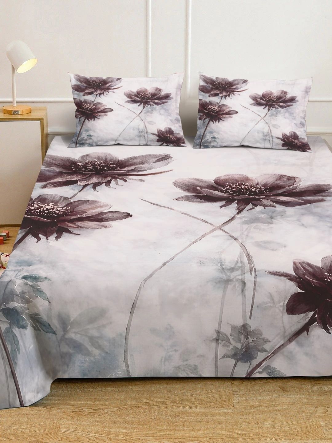 Moda Rapido X KLOTTHE Kelabu & Coklat Bunga 400 TC Cadar King dengan 2 Sarung Bantal