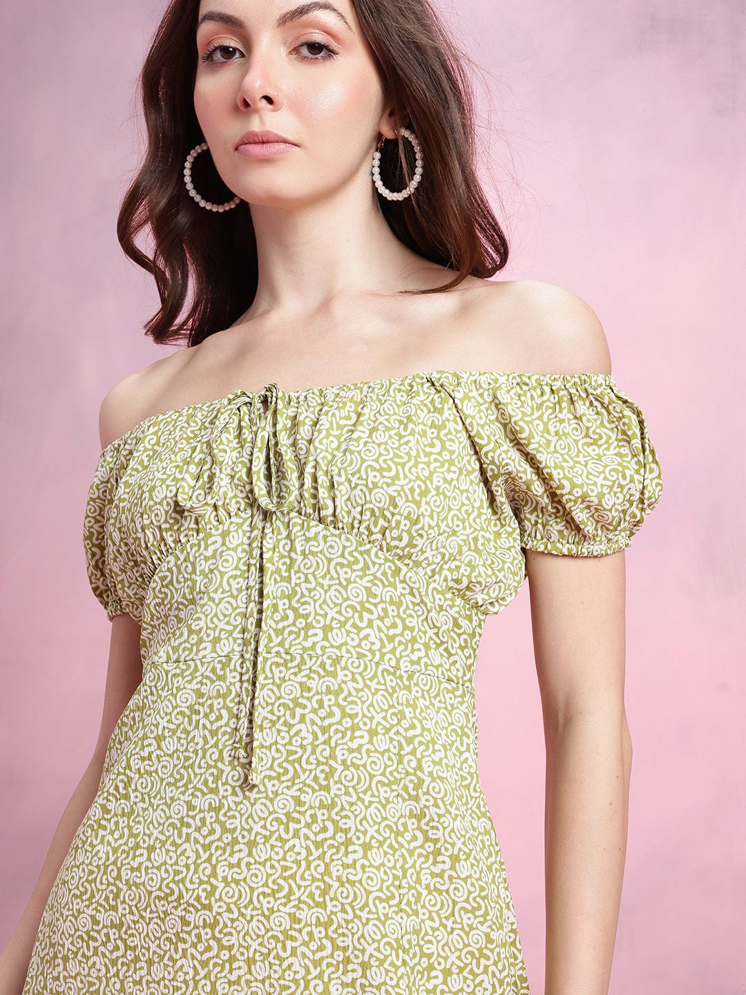 DressBerry Abstract Printed Off-Shoulder Puff Sleeve Empire Dress with Slit Detail