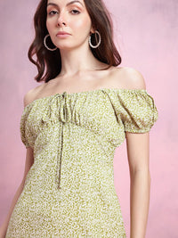 DressBerry Abstract Printed Off-Shoulder Puff Sleeve Empire Dress with Slit Detail