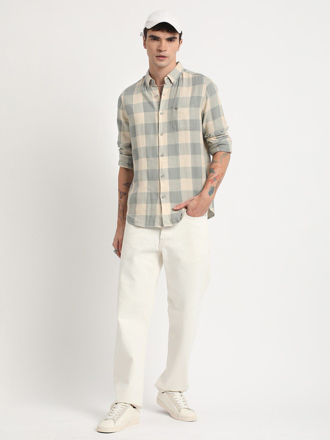 THE BEAR HOUSE Slim Fit Buffalo Checked Cotton Linen Casual Shirt
