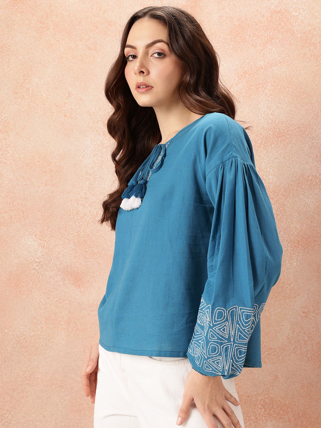 all about you Tie-Up Neck Puff Sleeves Cotton - Linen Top