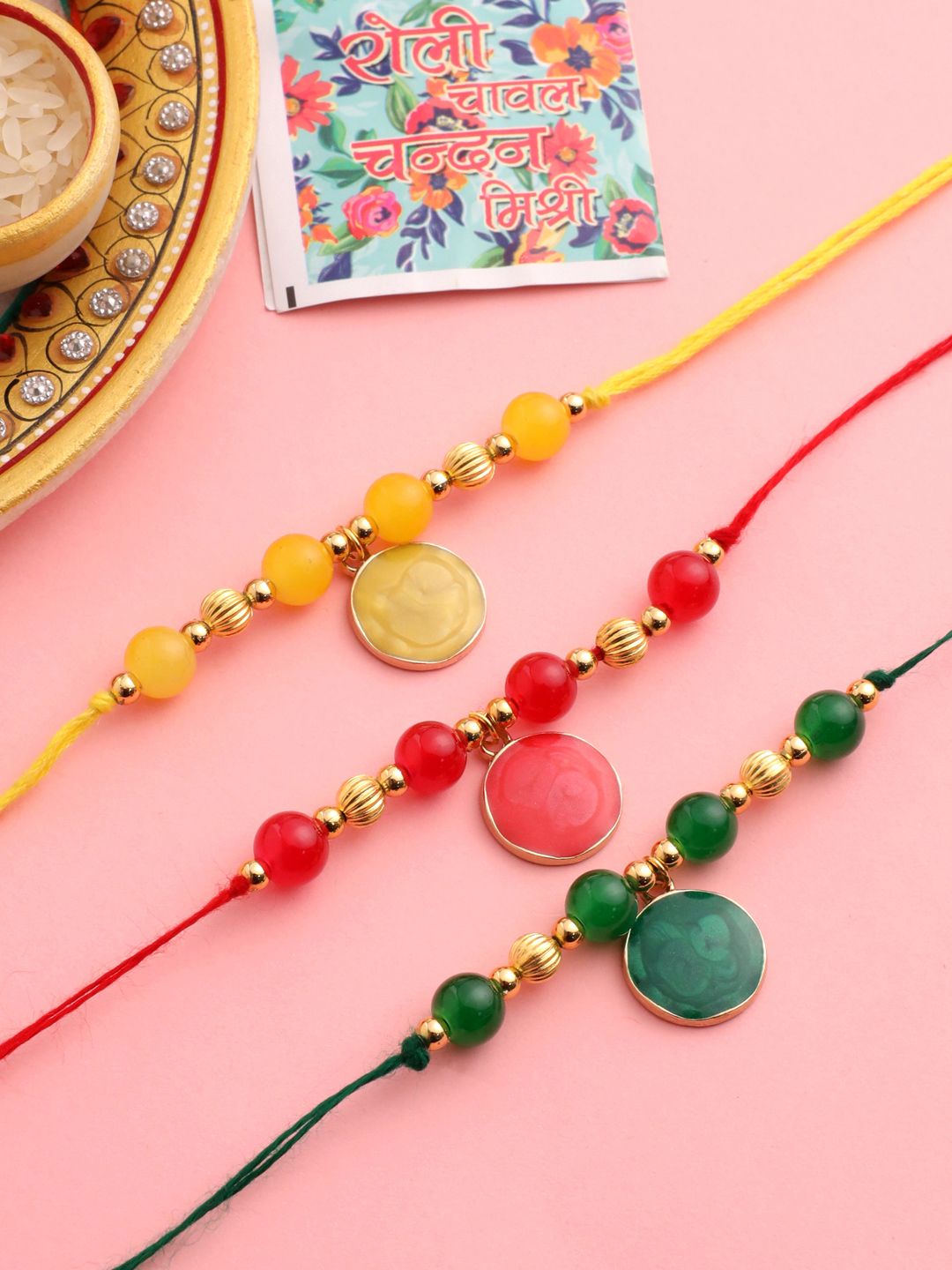 NVR Unisex Set of 3 Artificial Beads Thread Rakhi with Roli Chawal Chandan Mishri