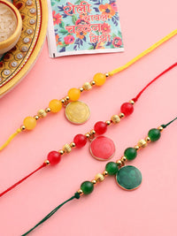 NVR Unisex Set of 3 Artificial Beads Thread Rakhi with Roli Chawal Chandan Mishri