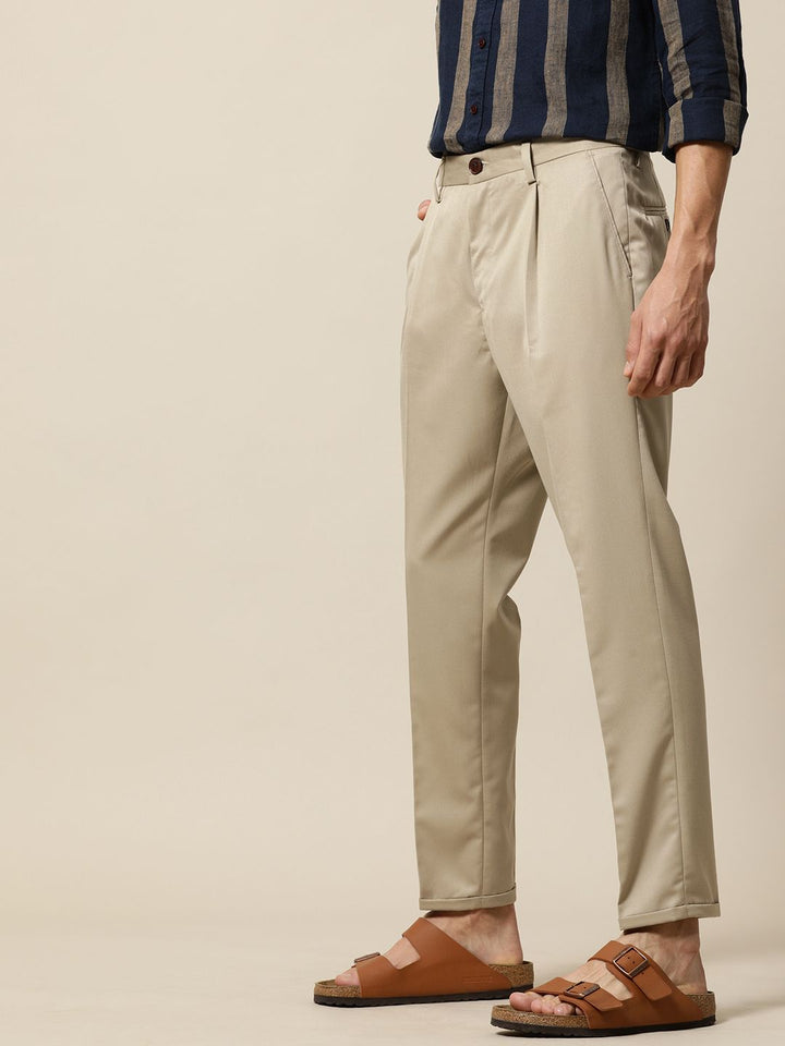 Mr Bowerbird Men Khaki Tailored Fit Pleated Trousers