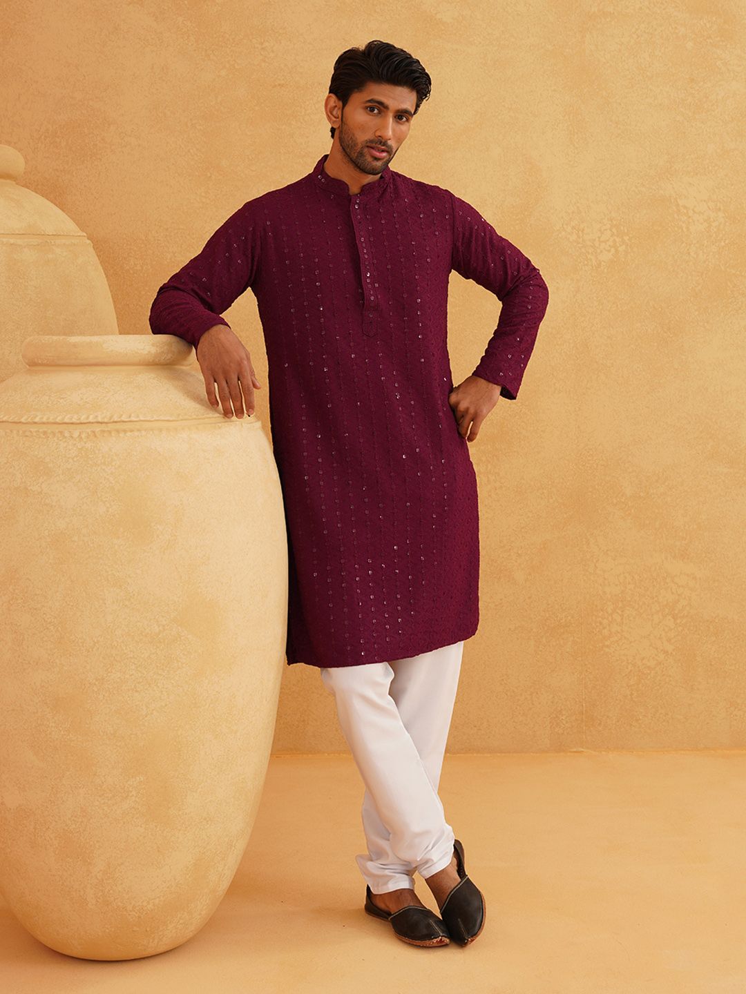 SOJANYA Ethnic Motifs Embroidered Sequined Pure Cotton Kurta with Pyjamas