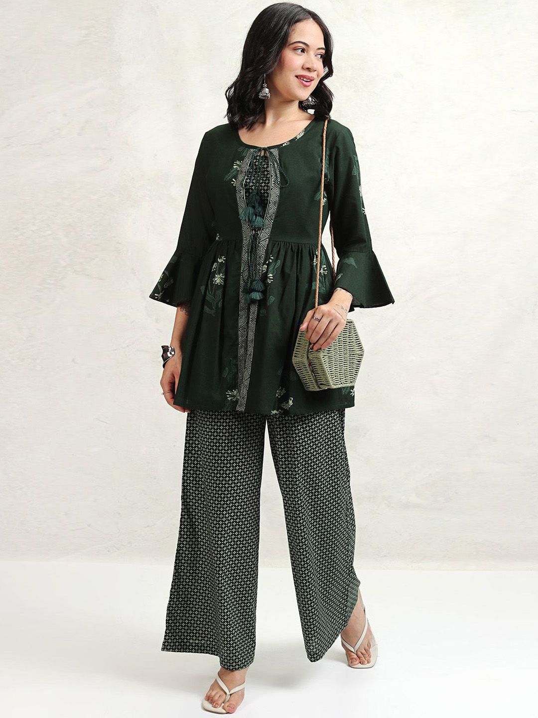 Vishudh Teal Green Printed Shoulder Straps Pure Cotton Top With Trouser And Jacket