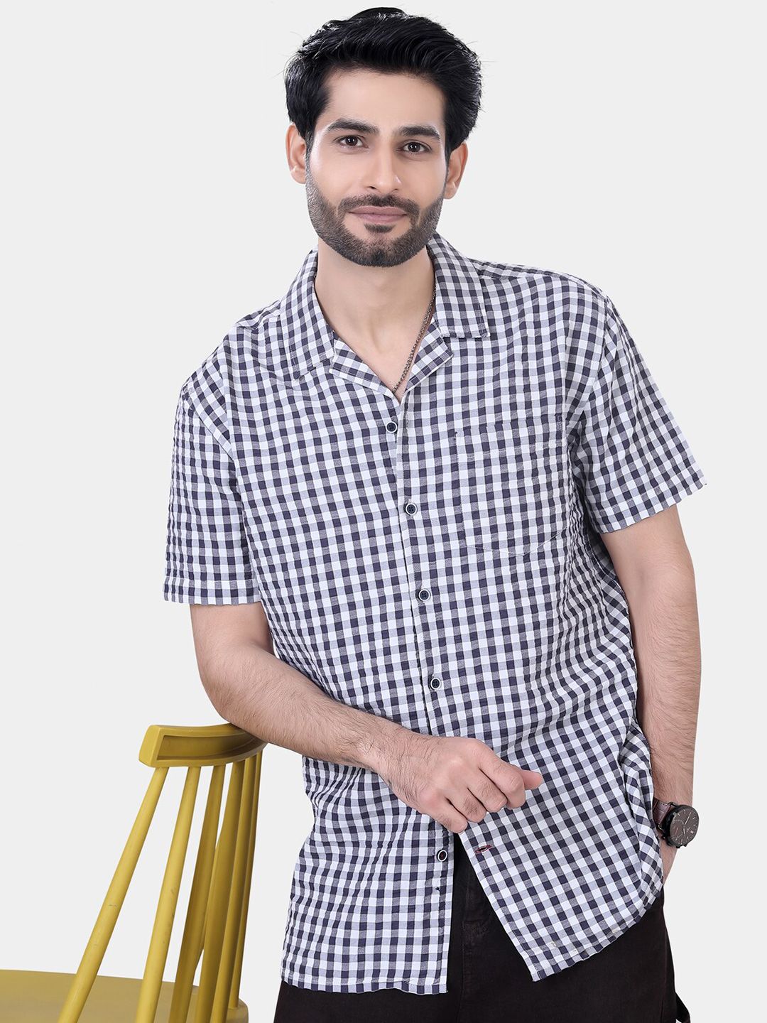 VASTRADO Classic Gingham Checked Lapel Collar Drop-Shoulder Sleeves Oversized Casual Shirt
