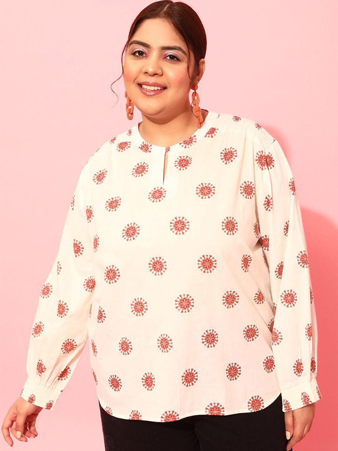 CURVY STREET Plus Size Floral Printed Smocked Shirt Style Top