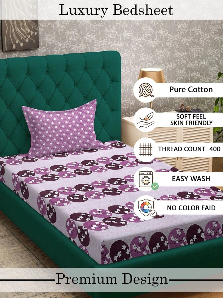 Myntra Elegant Homes Purple Floral 400 TC Single Bedsheet with 1 Pillow Covers