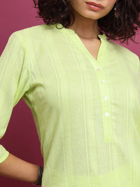 Vishudh Lime Green Striped Mandarin Collar Pure Cotton Kurta