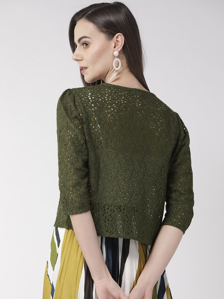Style Quotient Women Olive Green Self Design Open Front Crop Shrug