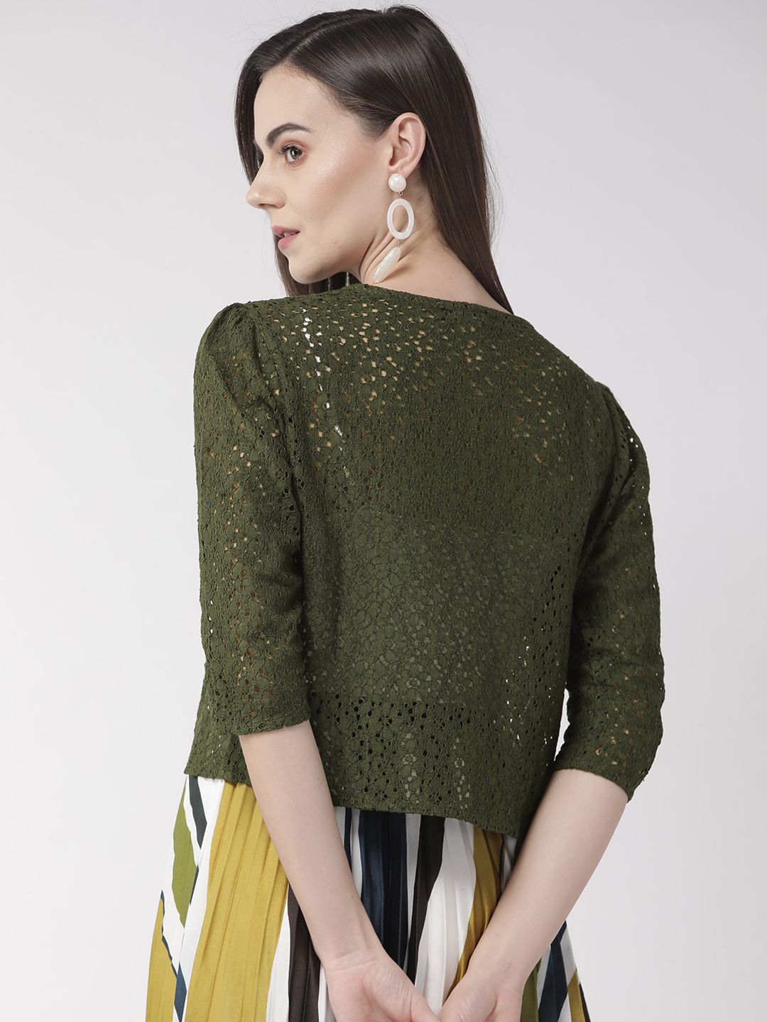 Style Quotient Women Olive Green Self Design Open Front Crop Shrug