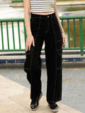 STREET 9 Women Black Relaxed Wide Leg High-Rise Pure Cotton Cargo Trousers