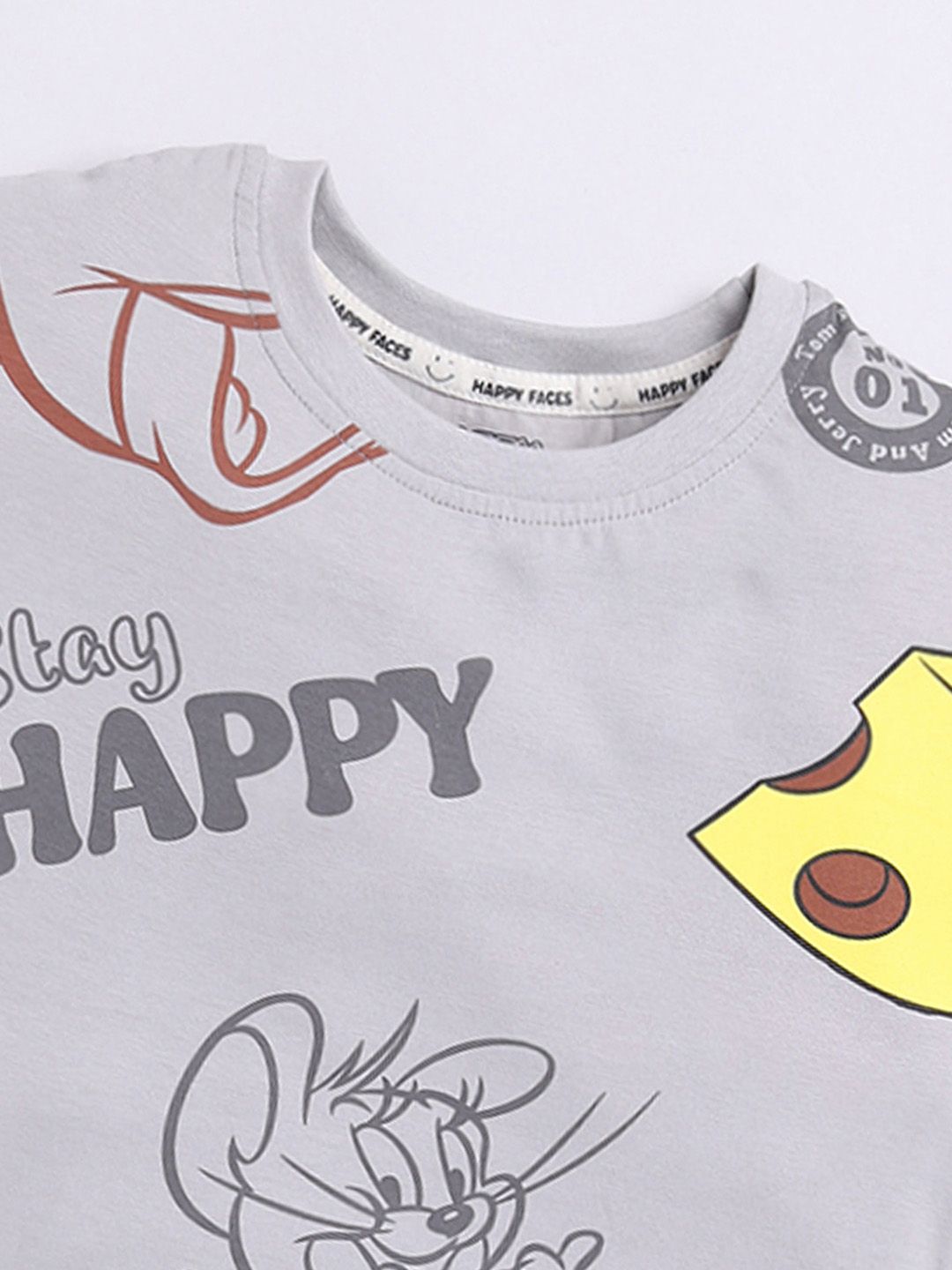 Happy Faces Boys Tom & Jerry Print Drop-Shoulder Sleeves Pure Cotton T-shirt