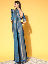 Saree mall Blue & Golden Ethnic Motifs Silk Blend Sarees