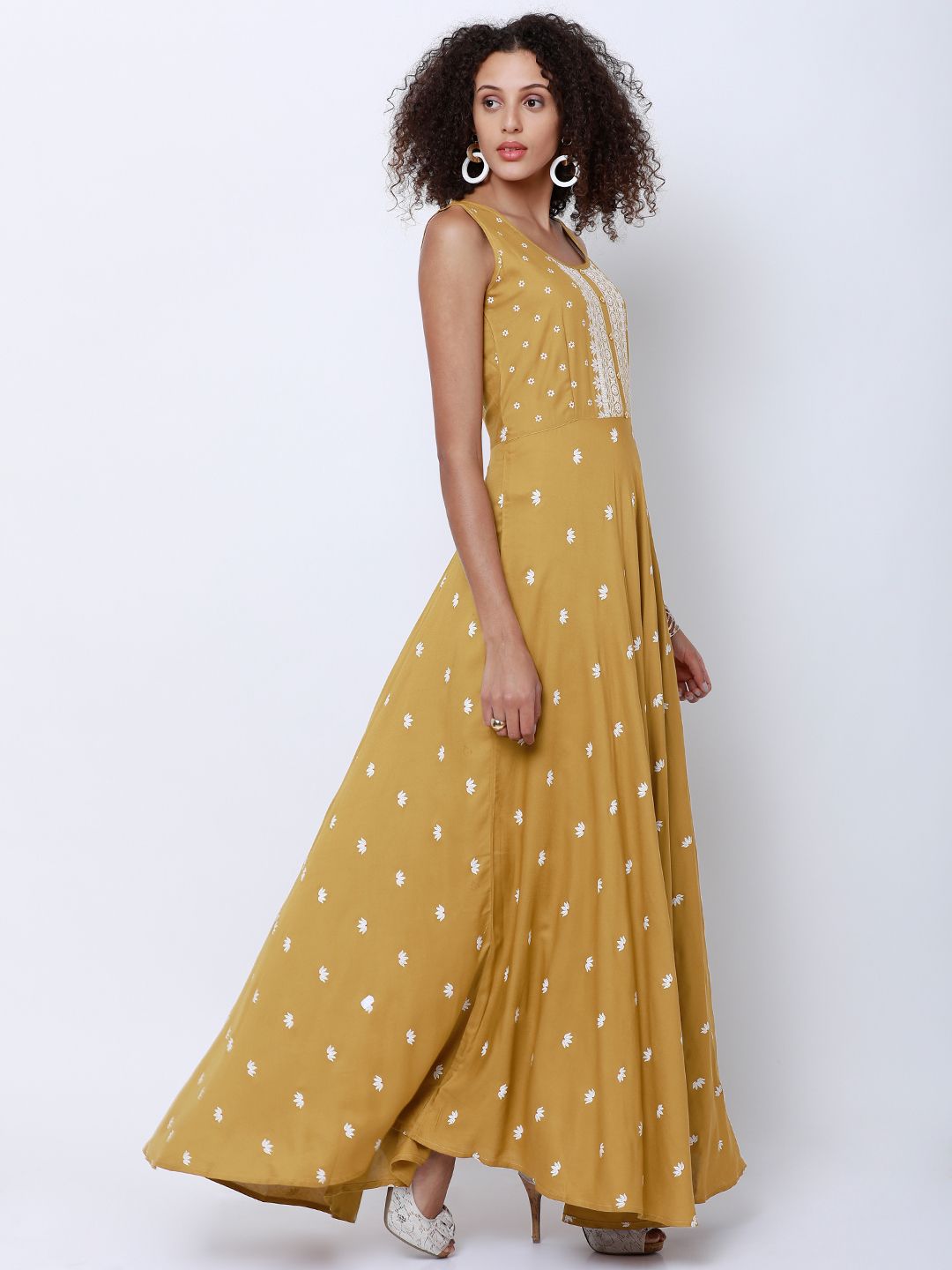 Vishudh Women Mustard & White Printed Anarkali Kurta
