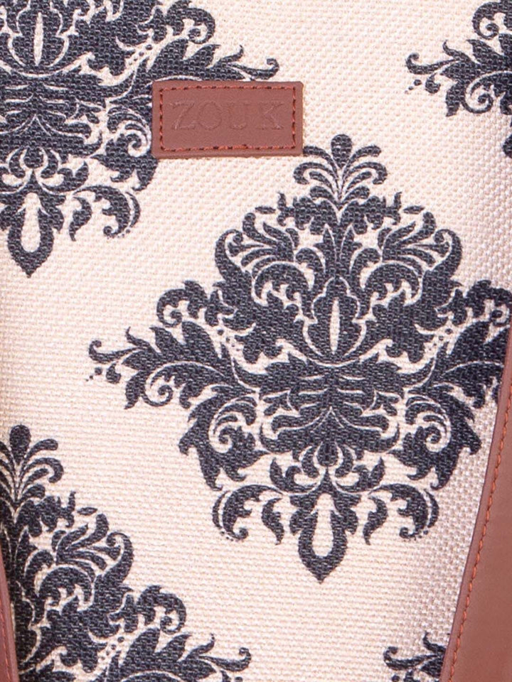 ZOUK Peach-Coloured Floral Printed Structured Tote Bag