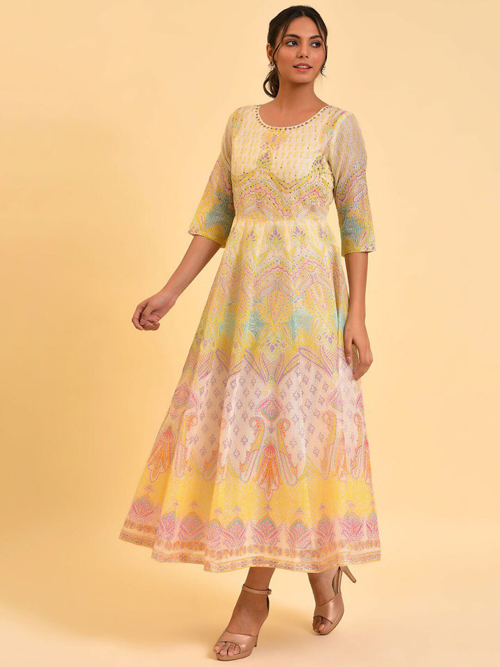 W Off White Ethnic Motifs Printed Fit & Flare Midi Dress