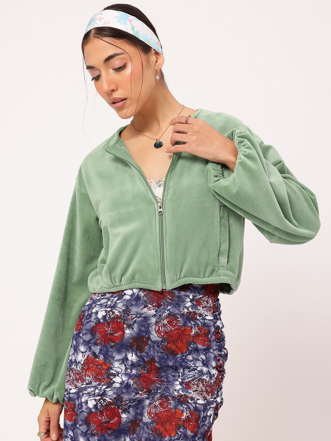 DressBerry Chill Mode On Velour Finish Dramatic Puff Sleeves Crop Jacket