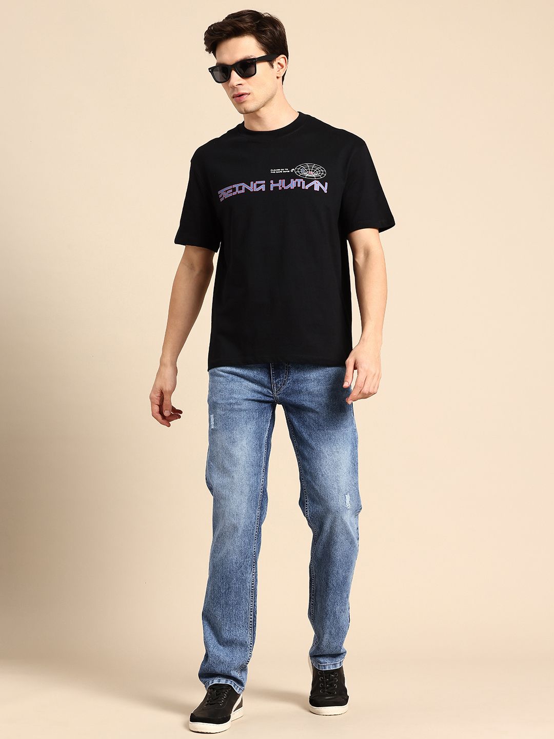 Being Human Men Straight Fit Low Distress Heavy Fade Stretchable Jeans