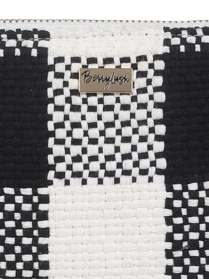Berrylush Black & White Checked Structured Cotton Handheld Bag