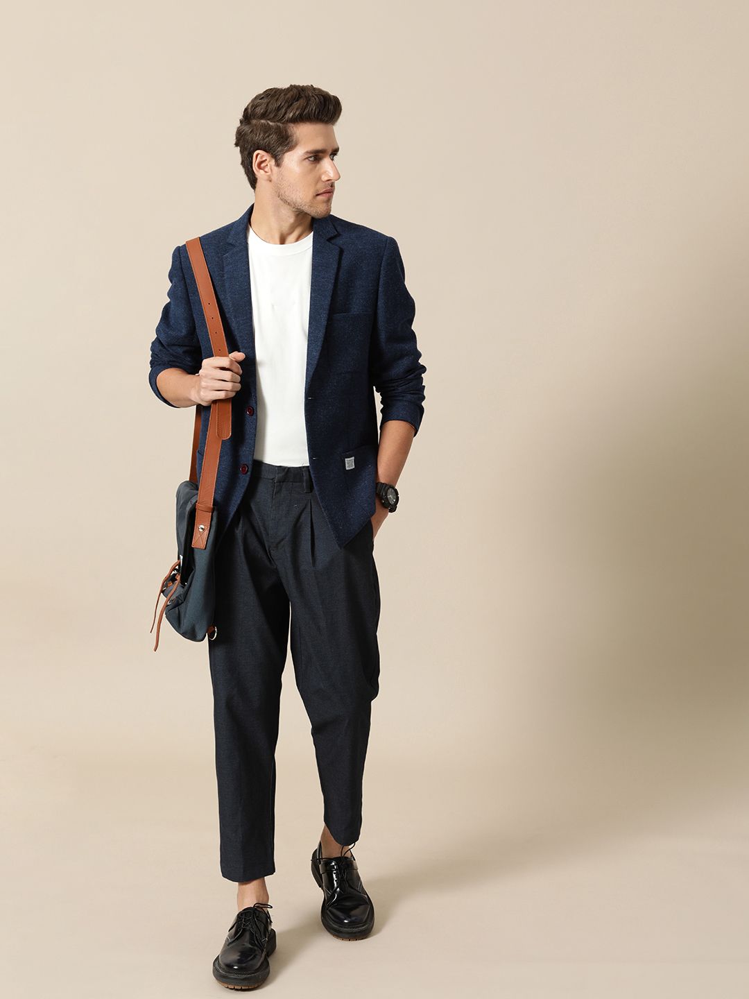 Mr Bowerbird Men Navy Blue Solid Single Breasted Casual Tweed Blazer