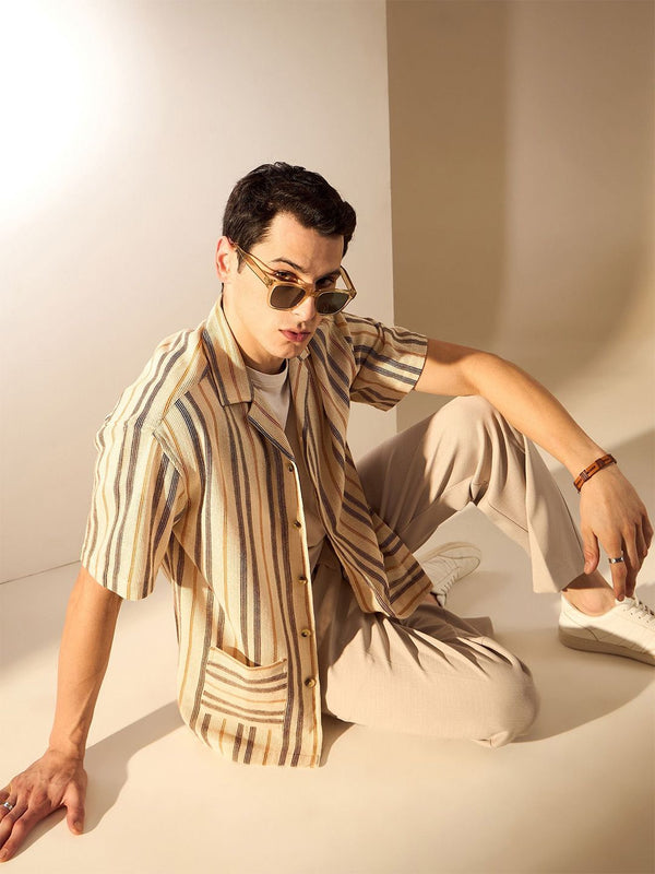 DENNISON Men Vertical Striped Oversized Crochet Shirt