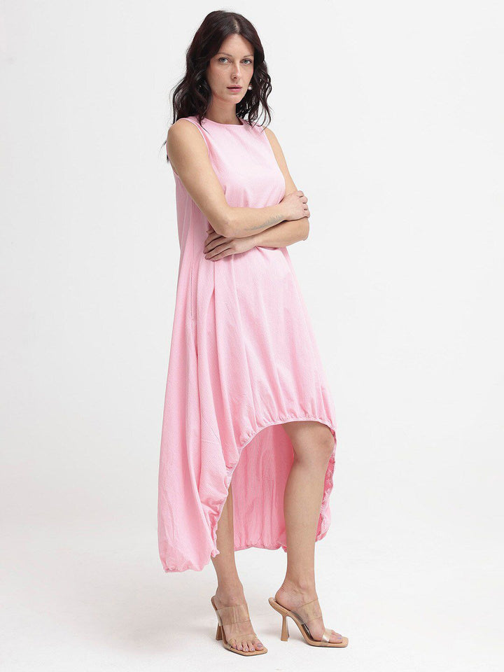 Rareism Wanita Putaran Maxi Kapas Pink Leher Pink