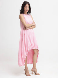 Rareism Wanita Putaran Maxi Kapas Pink Leher Pink